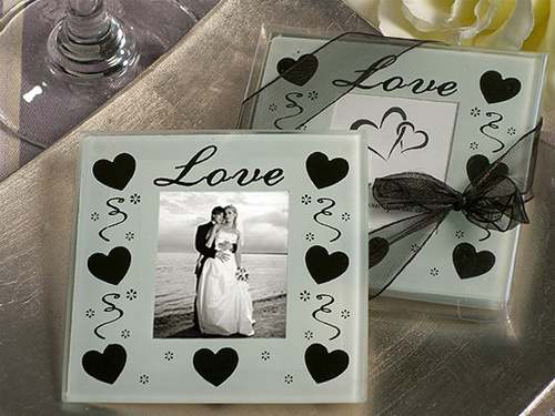 Wedding Glass Coaster - LOVE Hearts Photo Holder - Square Favour
